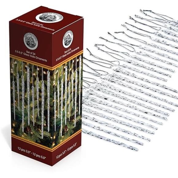 Twisted Clear Glass Icicle Christmas Ornaments for Christmas Trees - 24 Icicles - Picture 8 of 8